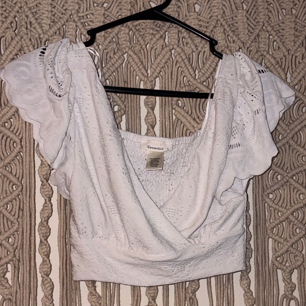 URBAN Romantics White Eyelet Puff Sleeve Wrap Crop Top
